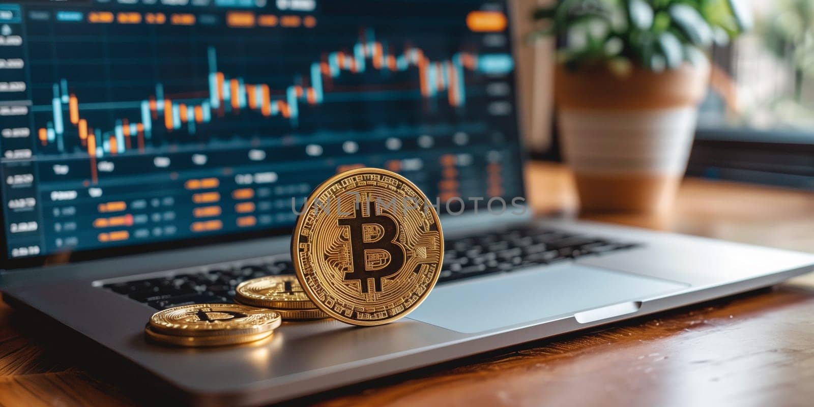 Golden bitcoin coin on a laptop, blockchain hard fork, cryptocurrency, finance and business concept, investment strategy, crypto currency