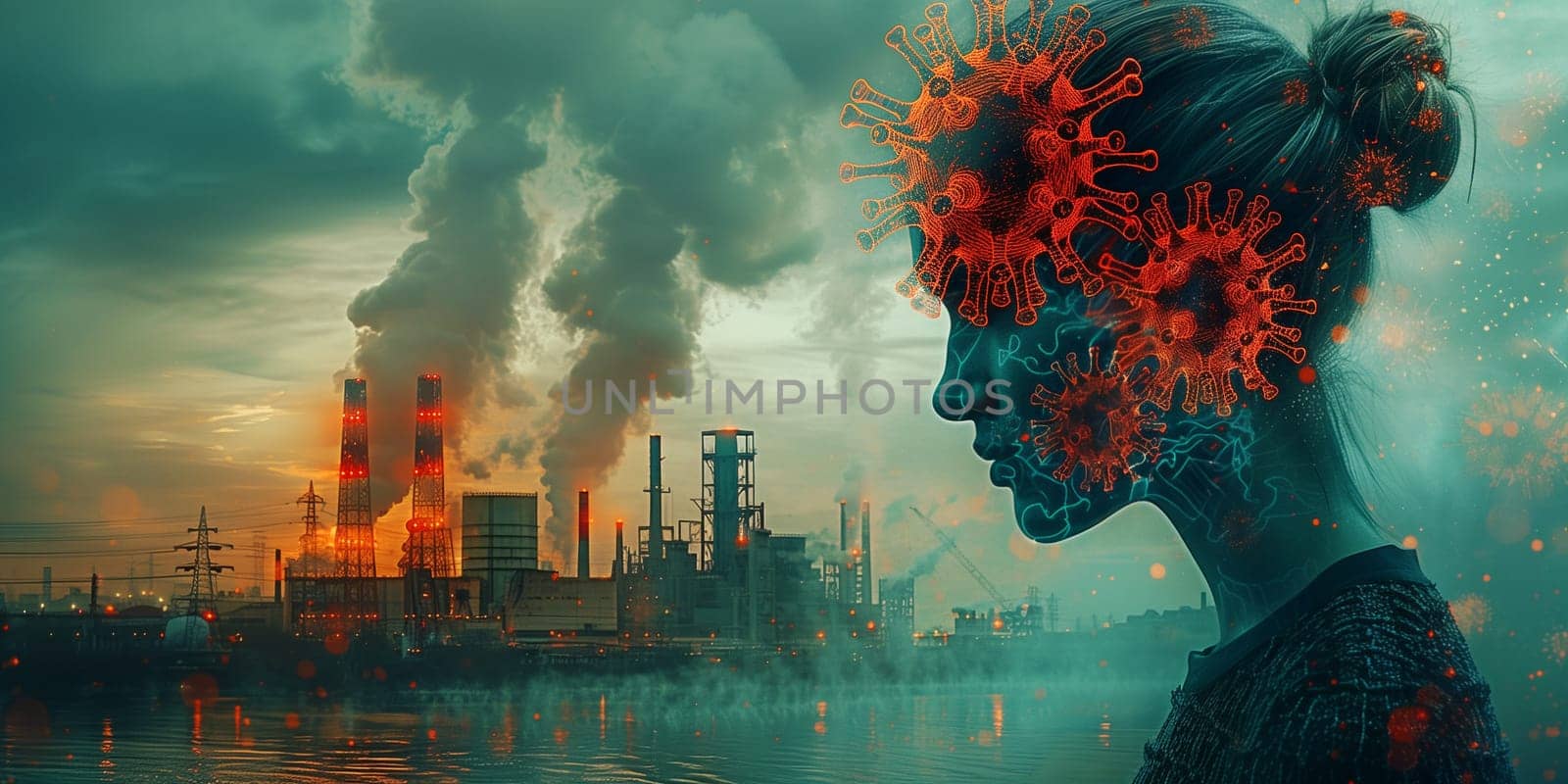 Human and nuclear fallout , industrial factory destroy nature, nuclear power phase-out, environment and ecosystem, co2 emission