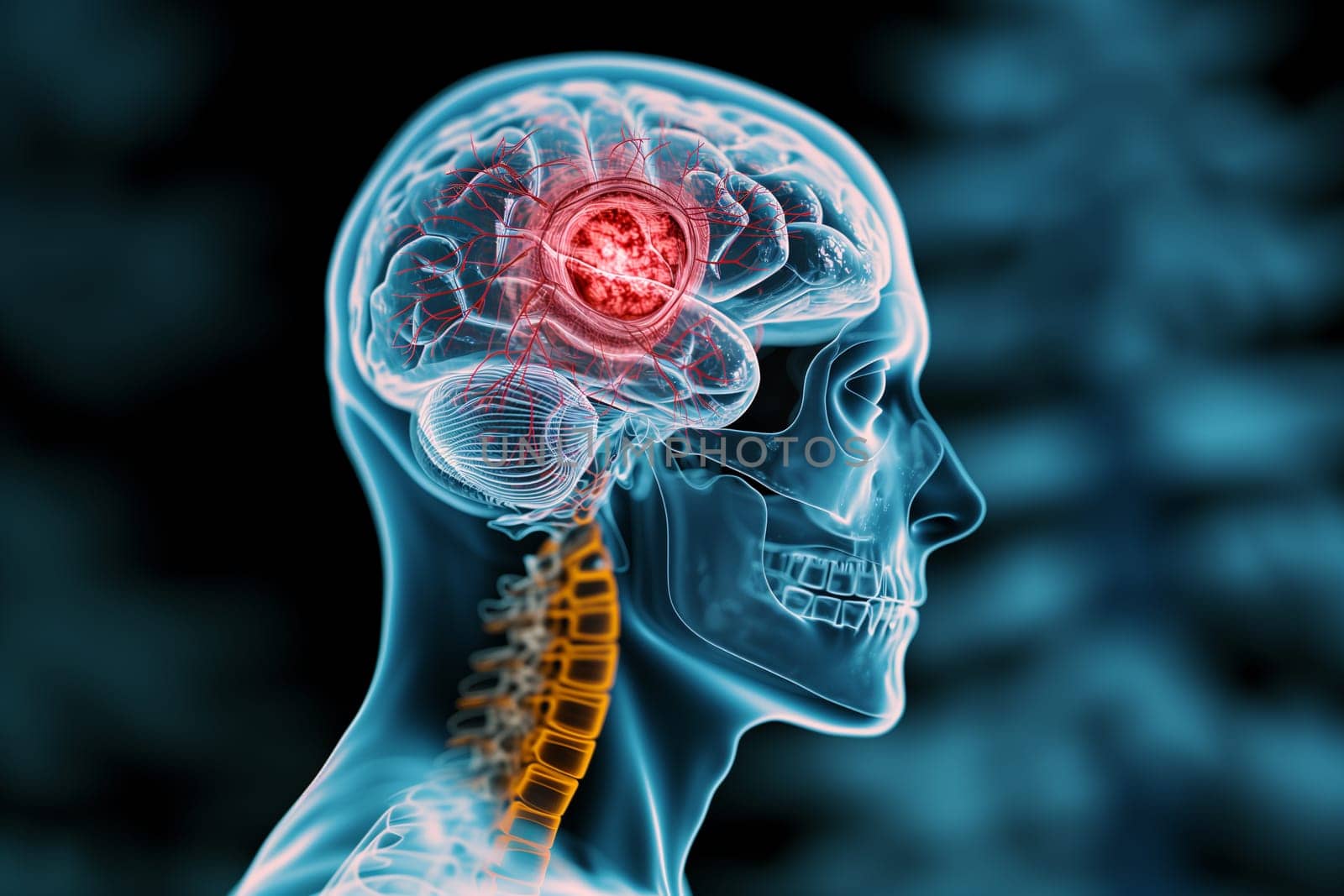 Human brain x-ray, epilepsy, tumor, migraine headache attack, psychological pressure and stress, mind with burnout or trauma