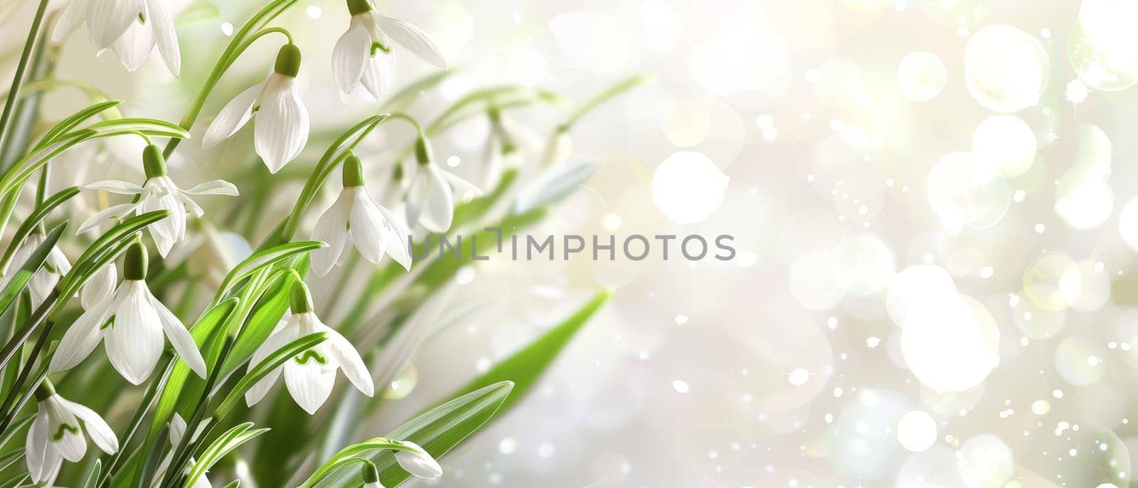 A symphony of snowdrop flowers bathed in a soft, glowing light, creating a harmonious blend of color and brightness, signaling spring's joyful arrival