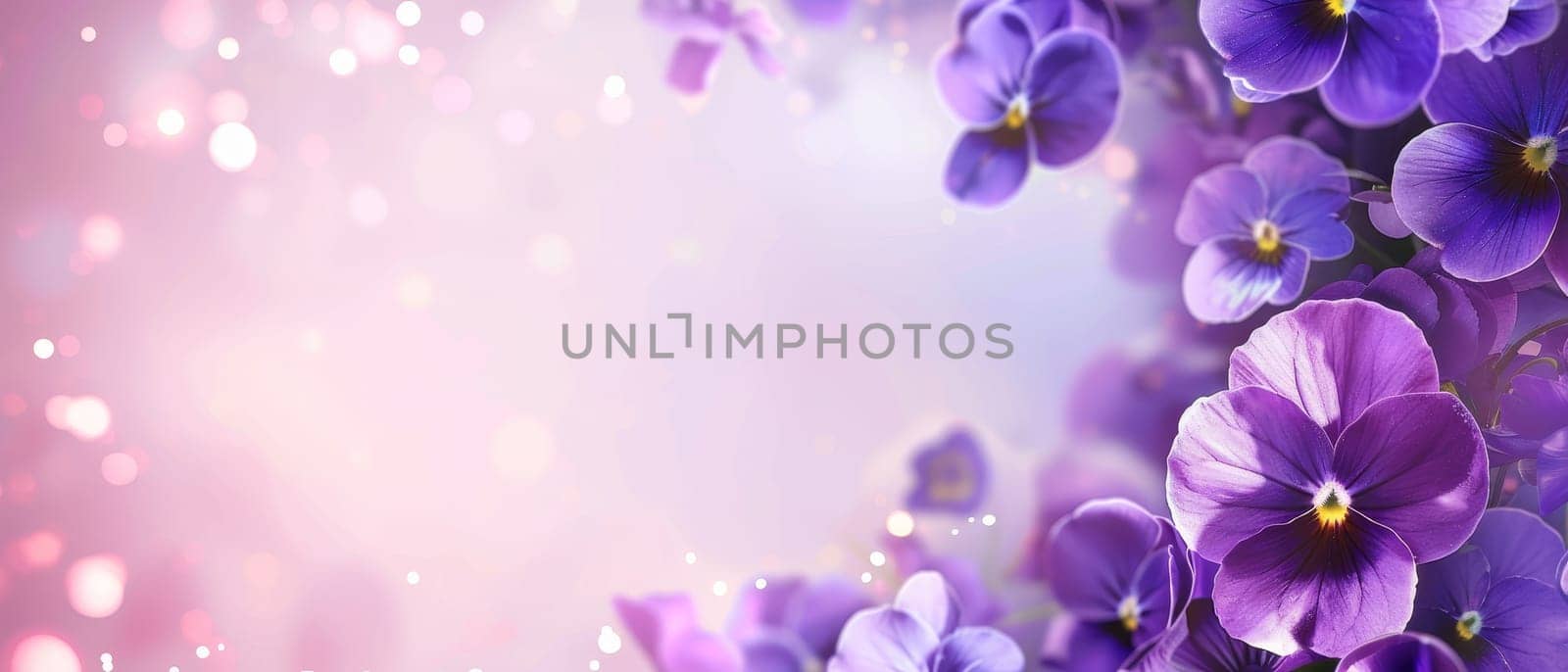 A dreamy bokeh effect illuminates a cluster of purple pansies, evoking a whimsical and enchanted garden scene