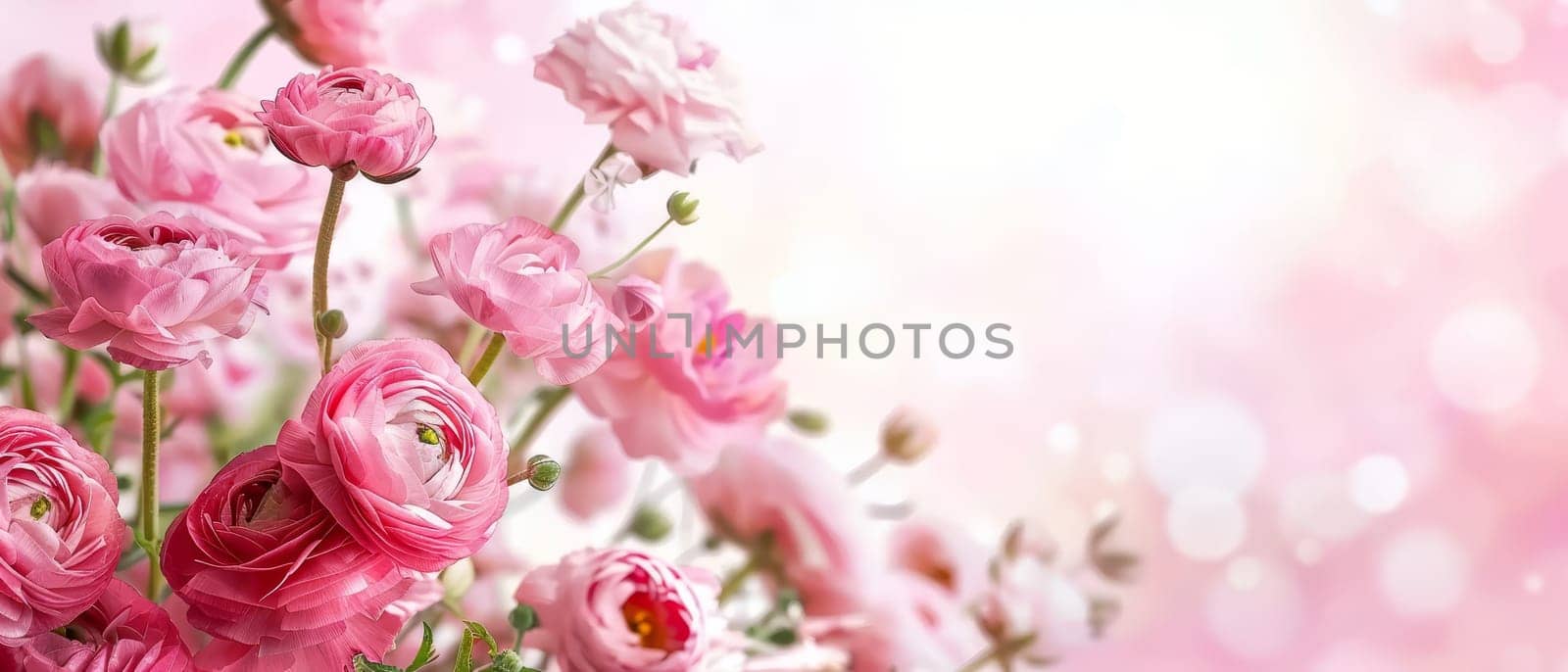 Soft pastel ranunculus flowers create a dreamy landscape, blurring the lines between reality and fantasy. The delicate blossoms seem to dance in the gentle light of a serene, pink-hued world