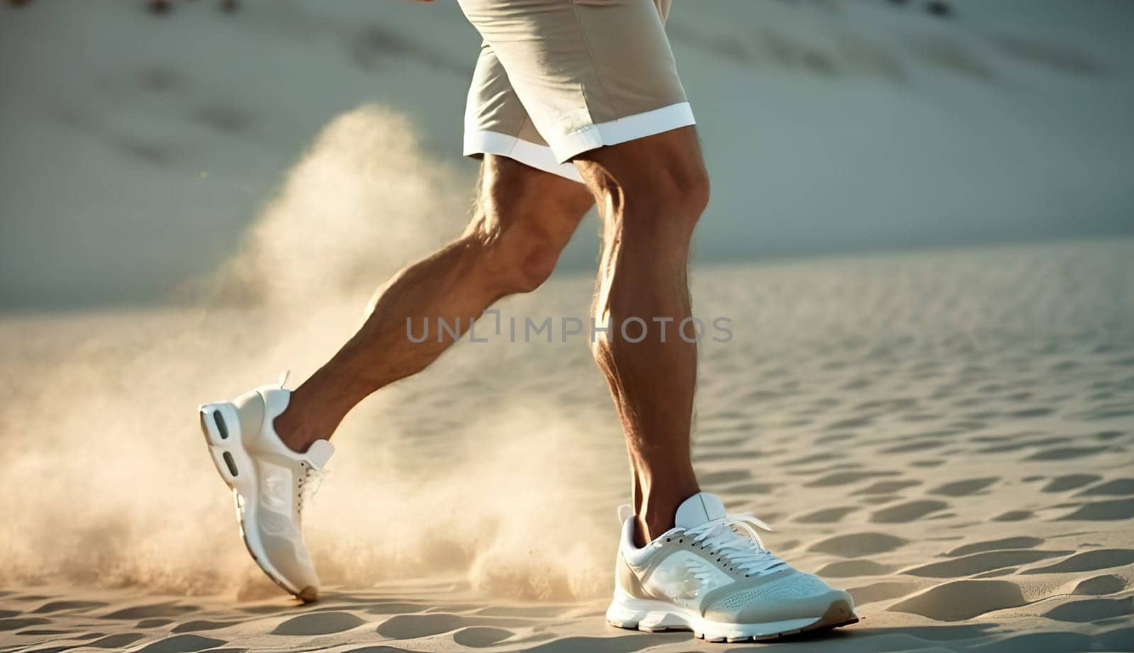 Man in white sneakers kicking up sand on a beach