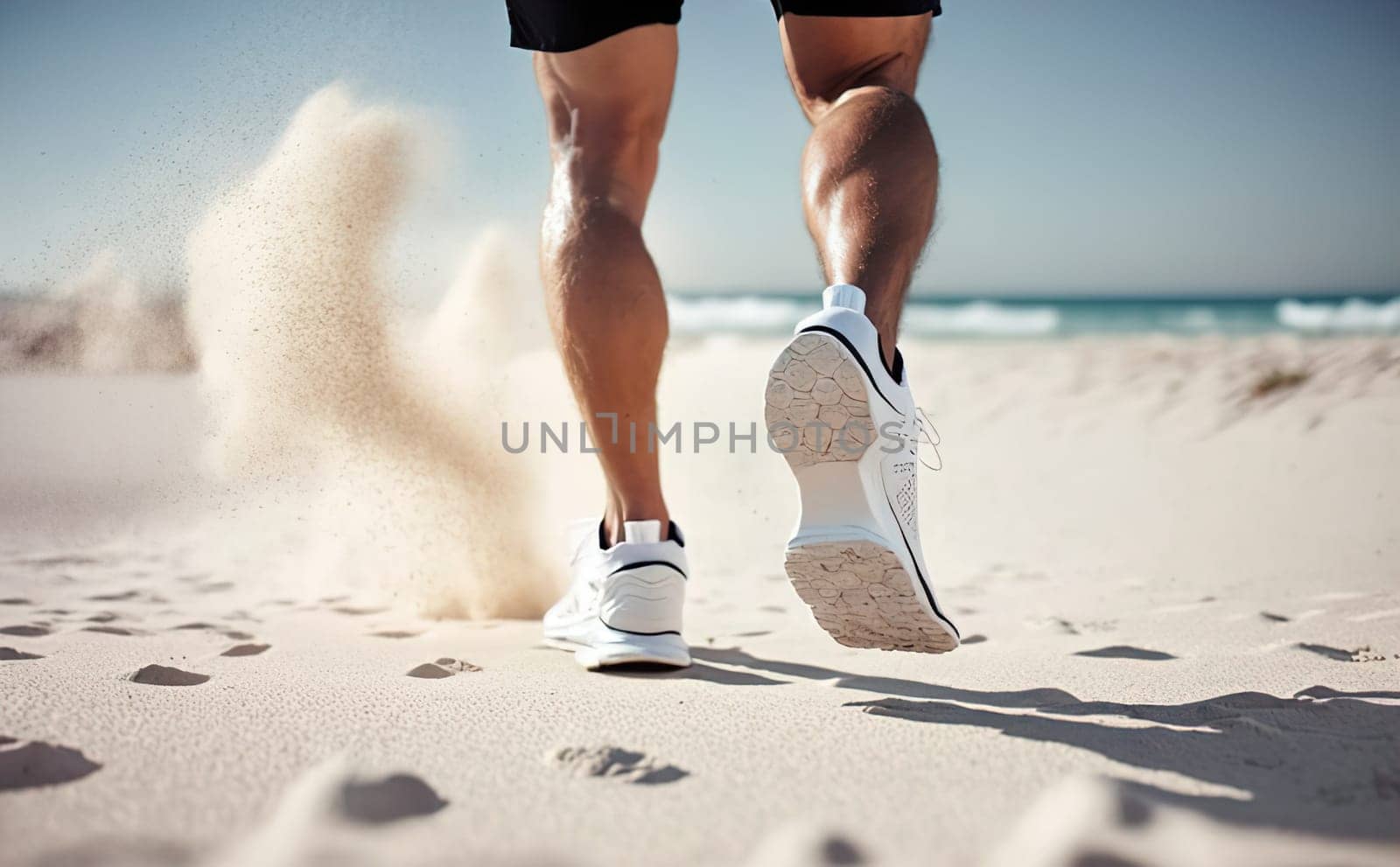 Man in white sneakers kicking up sand on a beach