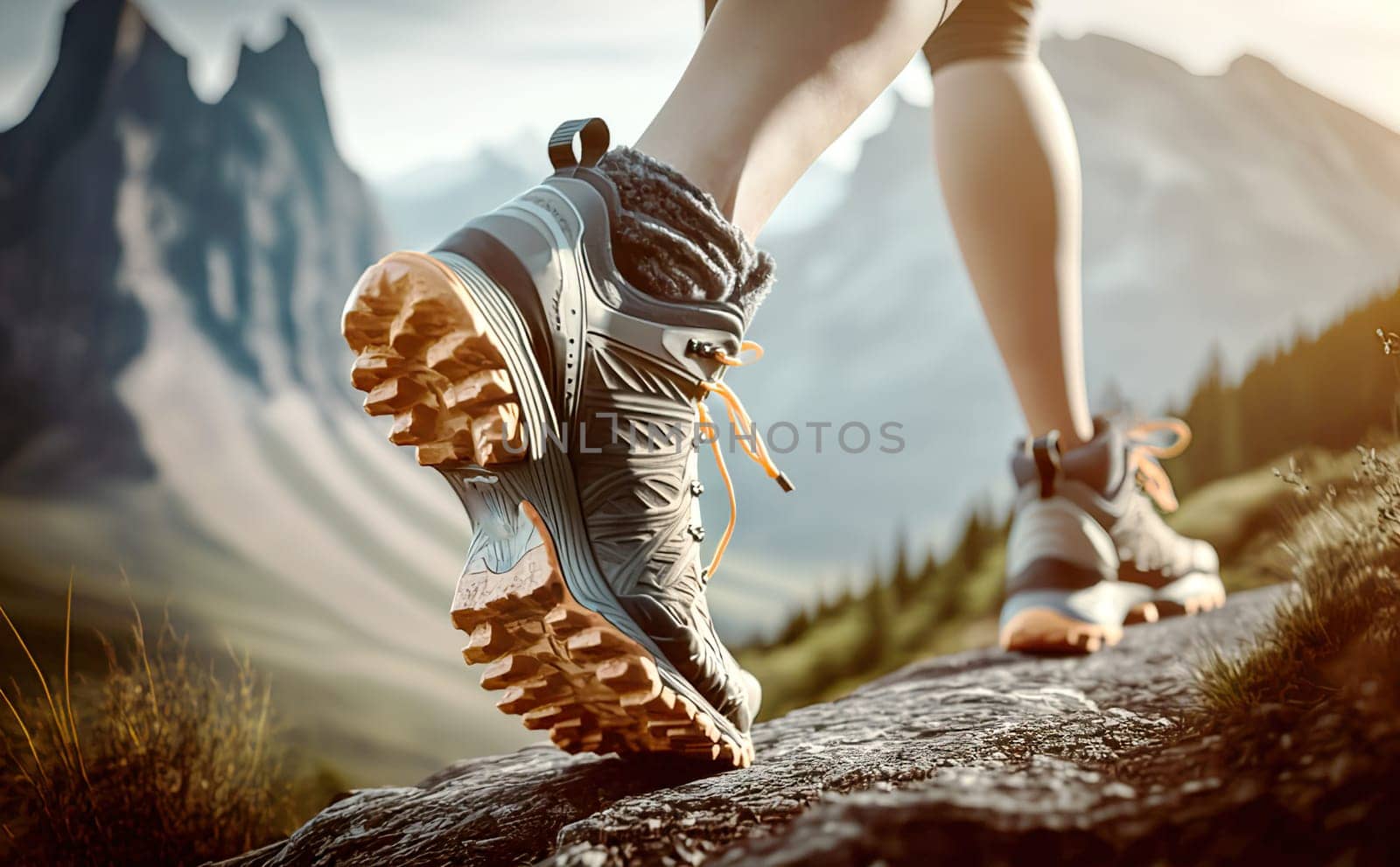 Bottom of running sneaker shoe sole on hard rocky terrain on mountain path during ultra trail marathon race. Strong fit healthy athletic man, trained legs during workout outdoors