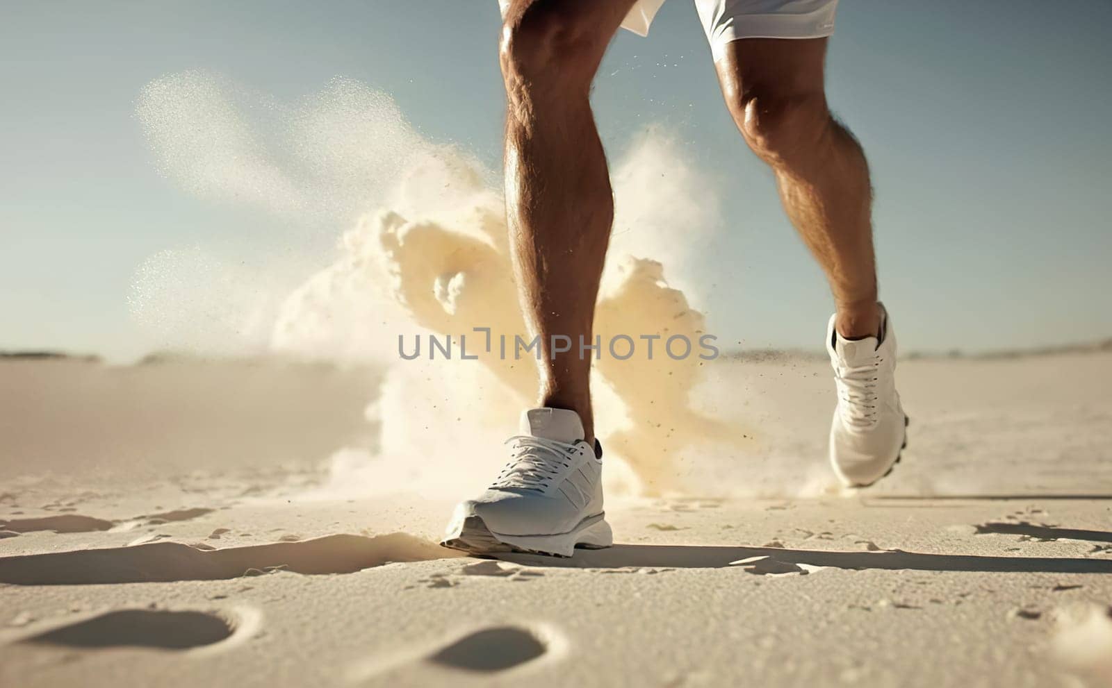Man in white sneakers kicking up sand on a beach