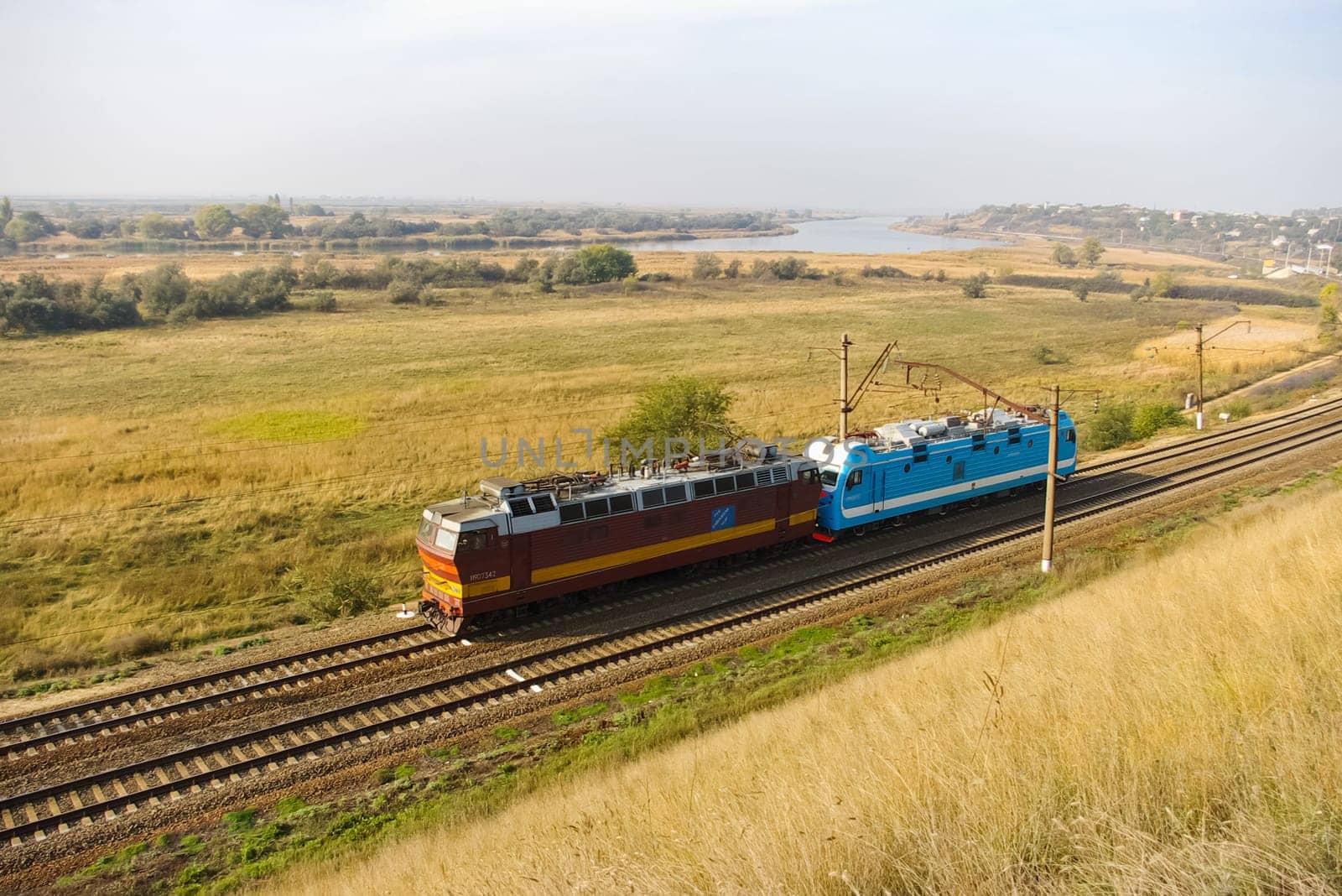 Novosibirsk, Russia - July 20, 2018: locomotive or engine is a rail transport vehicle that provides the motive power for a train.