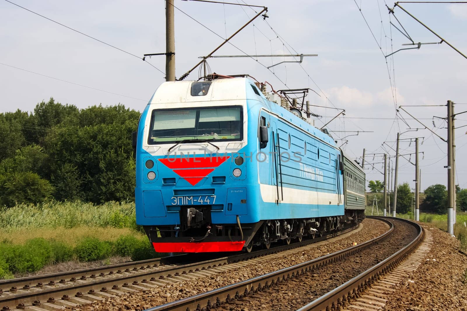 Novosibirsk, Russia - July 20, 2018: locomotive or engine is a rail transport vehicle that provides the motive power for a train.