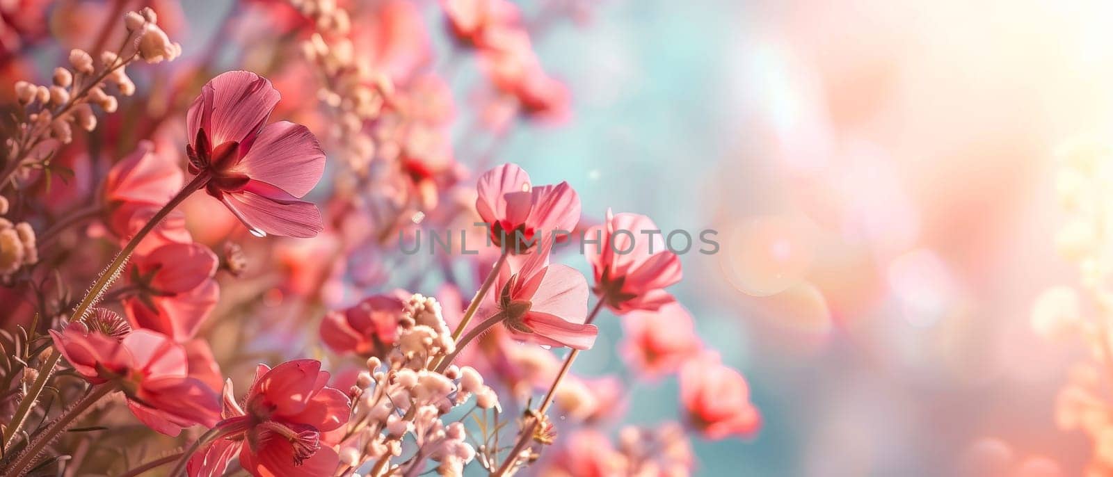Soft pink petals unfold against a bokeh light backdrop, capturing the tranquil essence of dawn. These delicate flowers bask in the warm, golden hour light, evoking a sense of serene beauty