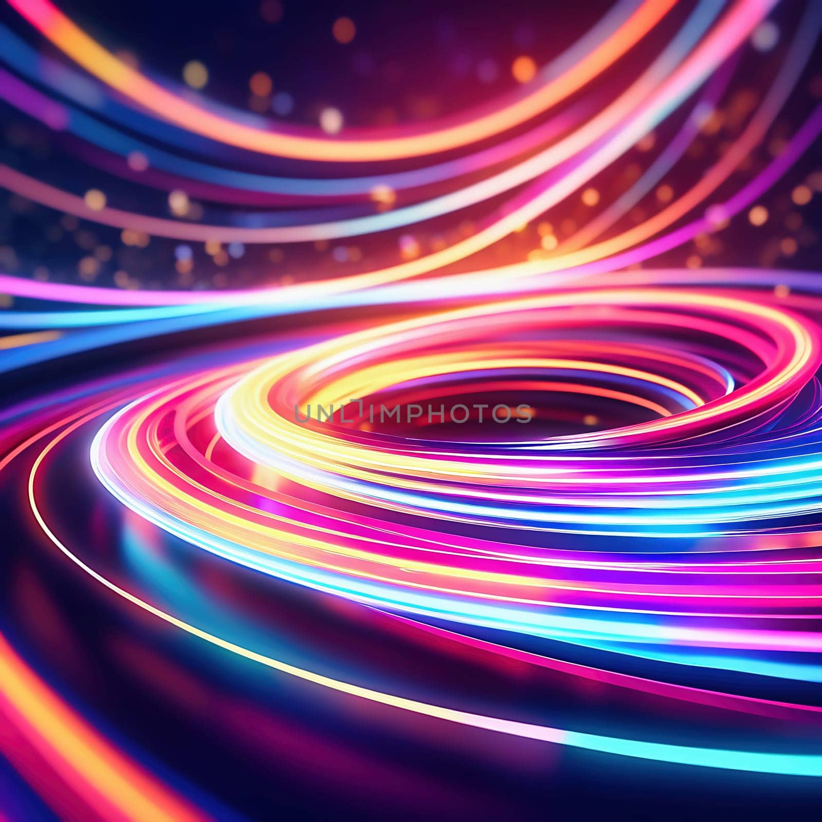 3d render. Abstract panoramic background of twisted dynamic neon lines glowing in the dark room with floor reflection. Virtual fluorescent ribbon loop.