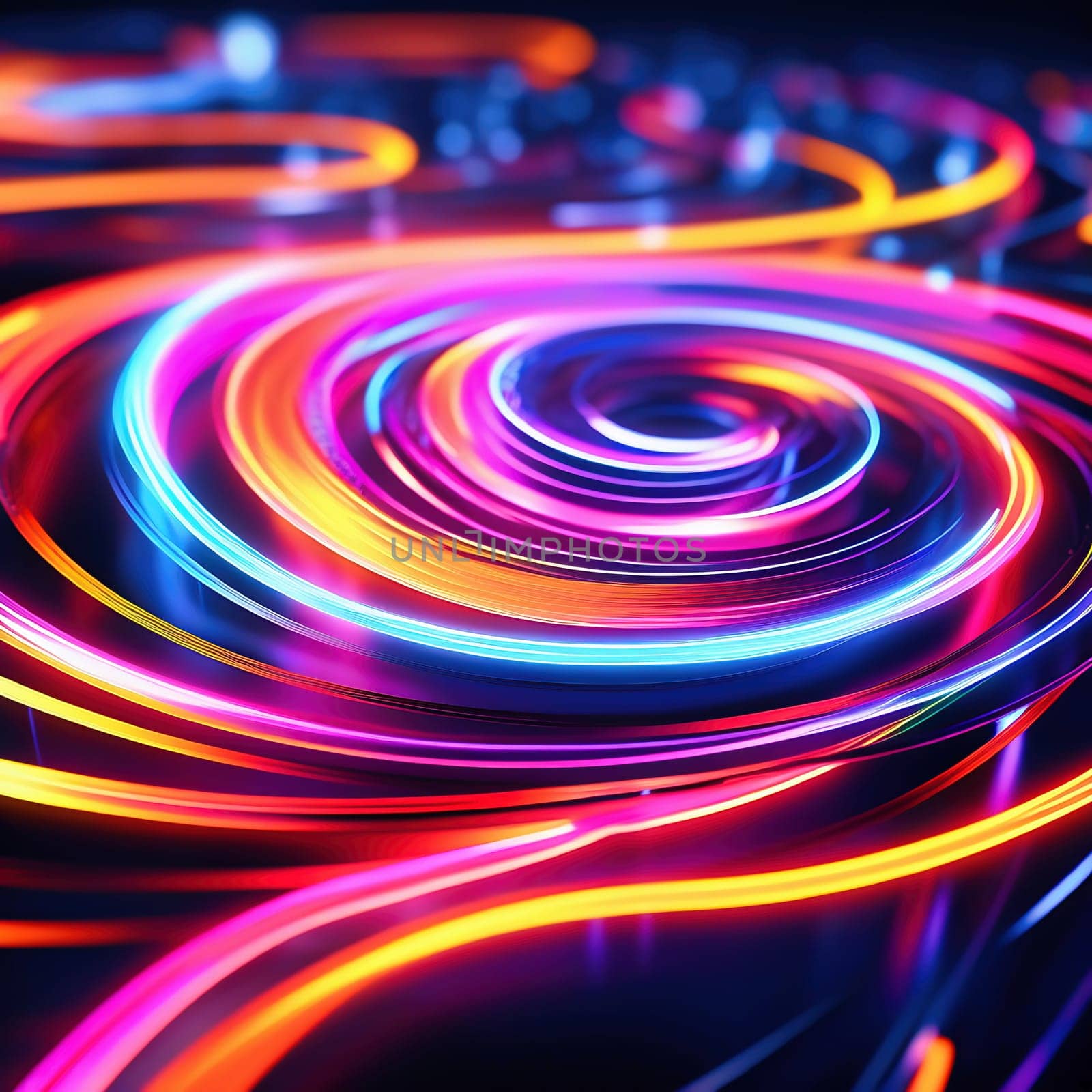3d render. Abstract panoramic background of twisted dynamic neon lines glowing in the dark room with floor reflection. Virtual fluorescent ribbon loop.