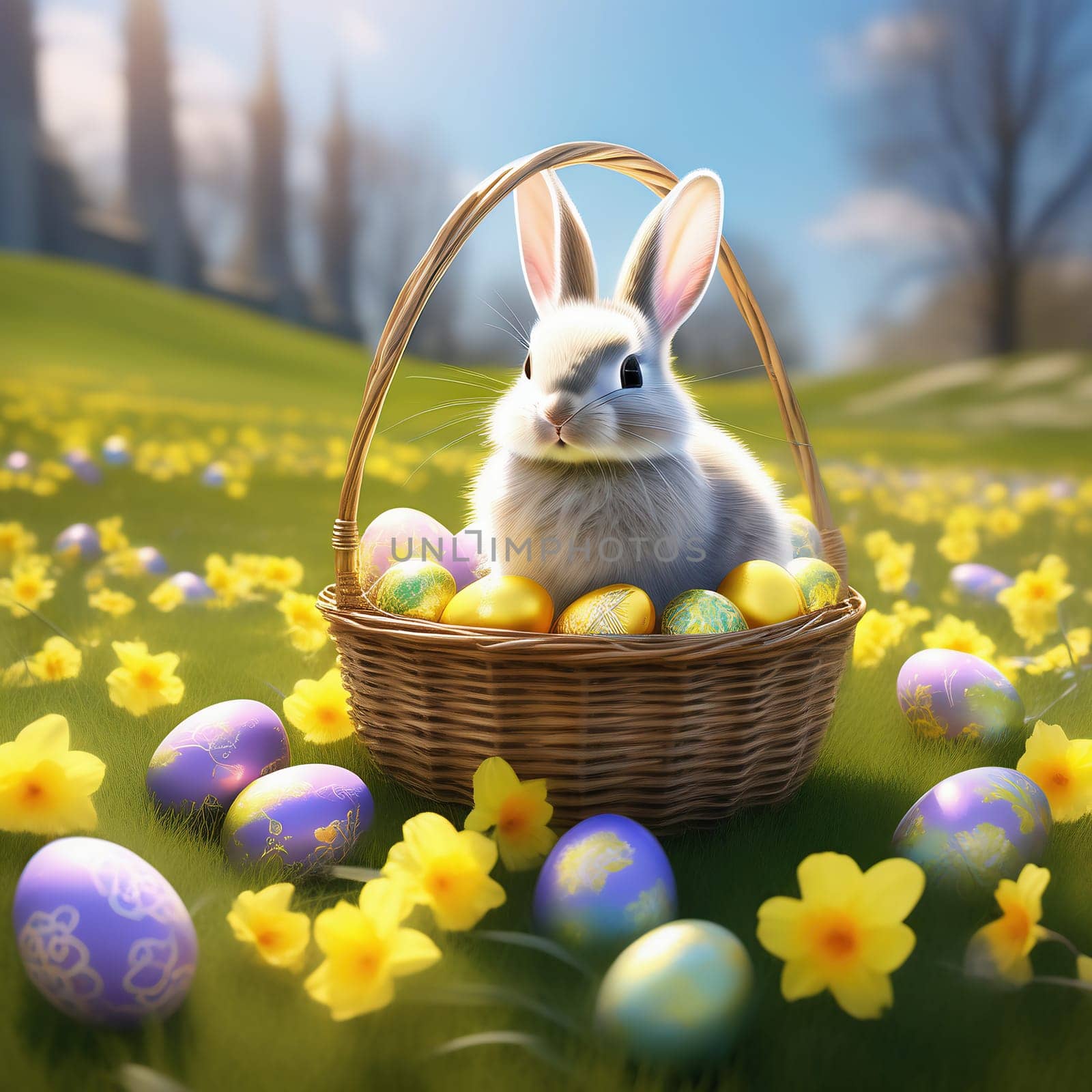 Easter bunny in an Easter basket with Easter eggs on a green meadow. Daffodils are blooming yellow. Easter generated with AI. Illustration