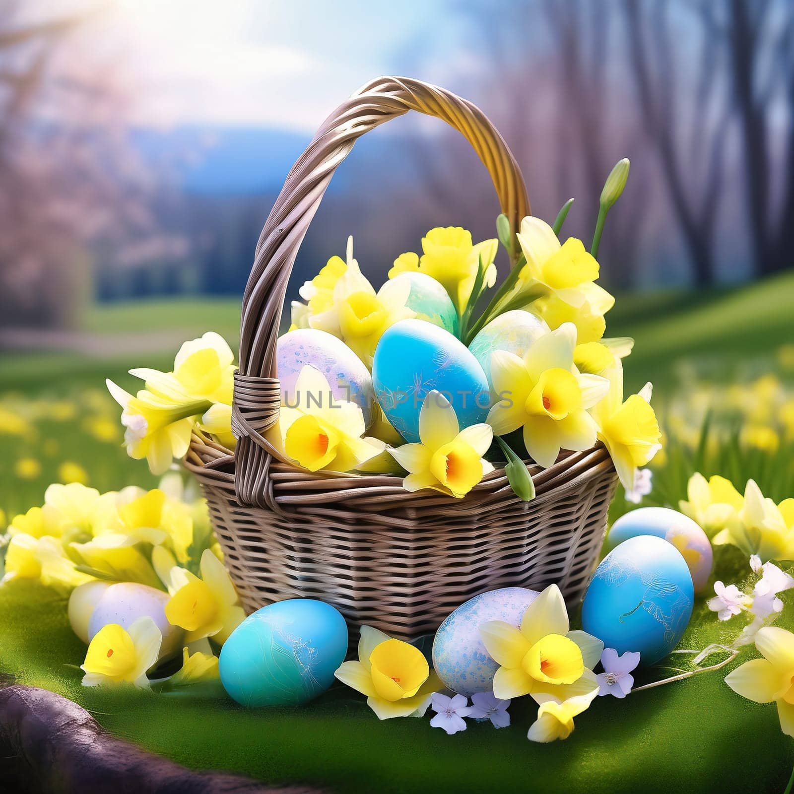 Easter basket with Easter eggs on a green meadow. Daffodils are blooming yellow. Easter generated with AI. Illustration