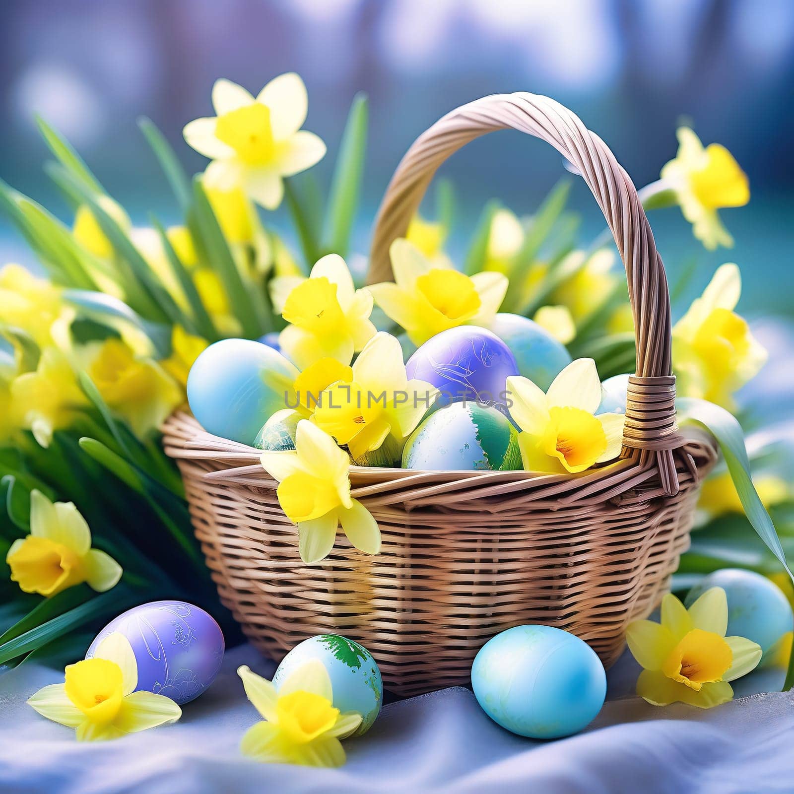 Easter basket with Easter eggs on a green meadow. Daffodils are blooming yellow. Easter generated with AI. Illustration