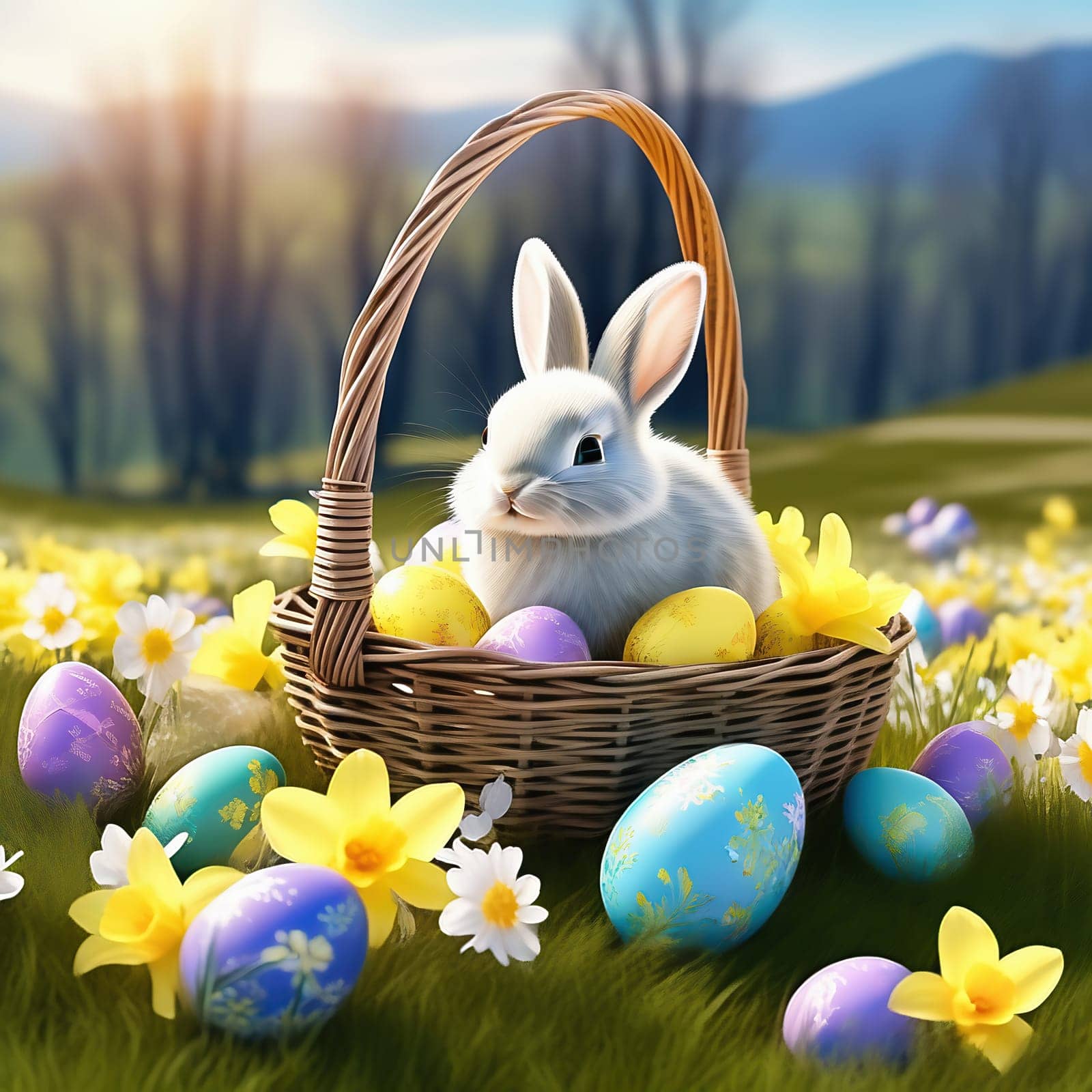 Easter bunny in an Easter basket with Easter eggs on a green meadow. Daffodils are blooming yellow. Easter generated with AI. Illustration
