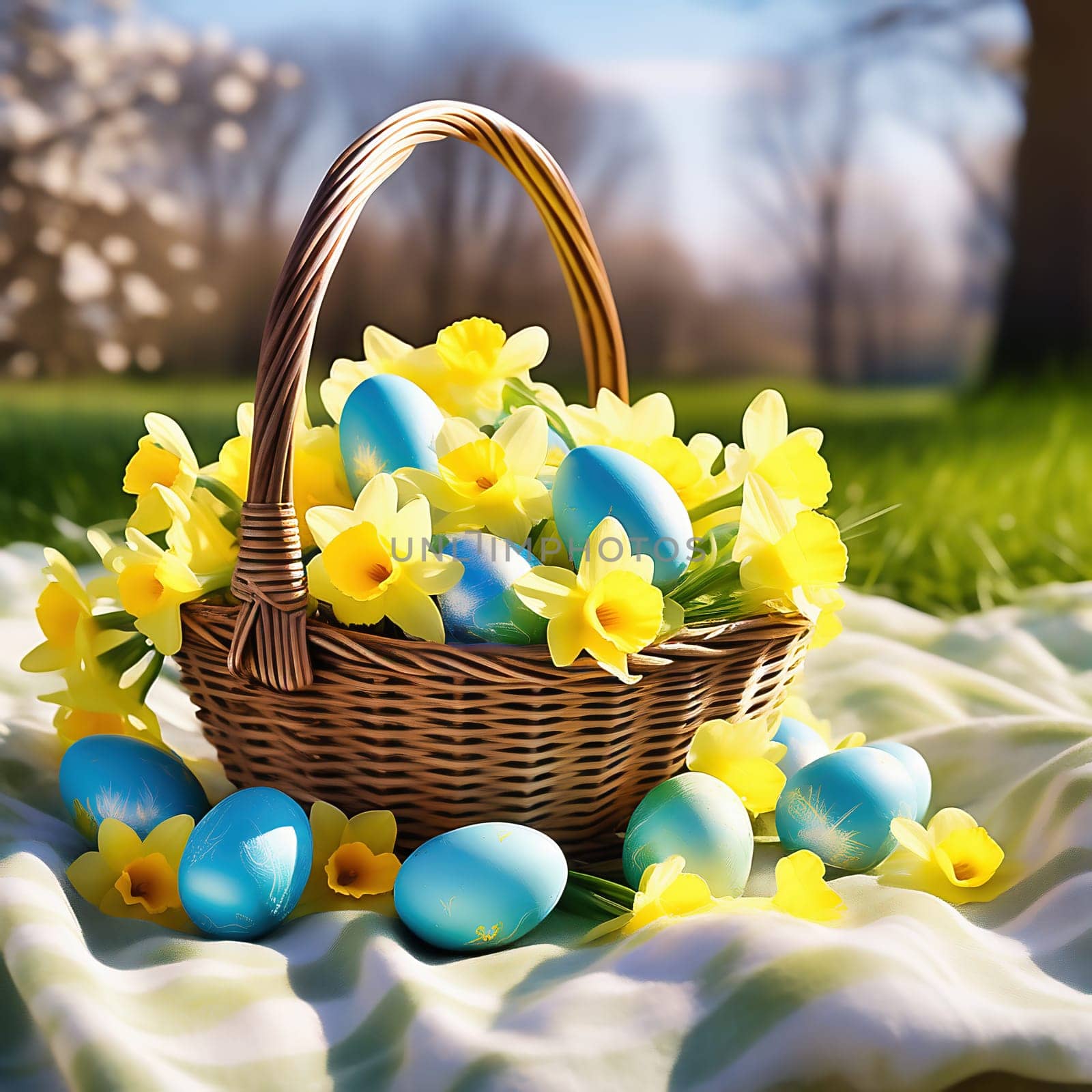 Easter basket with Easter eggs on a green meadow. Daffodils are blooming yellow. Easter generated with AI. Illustration