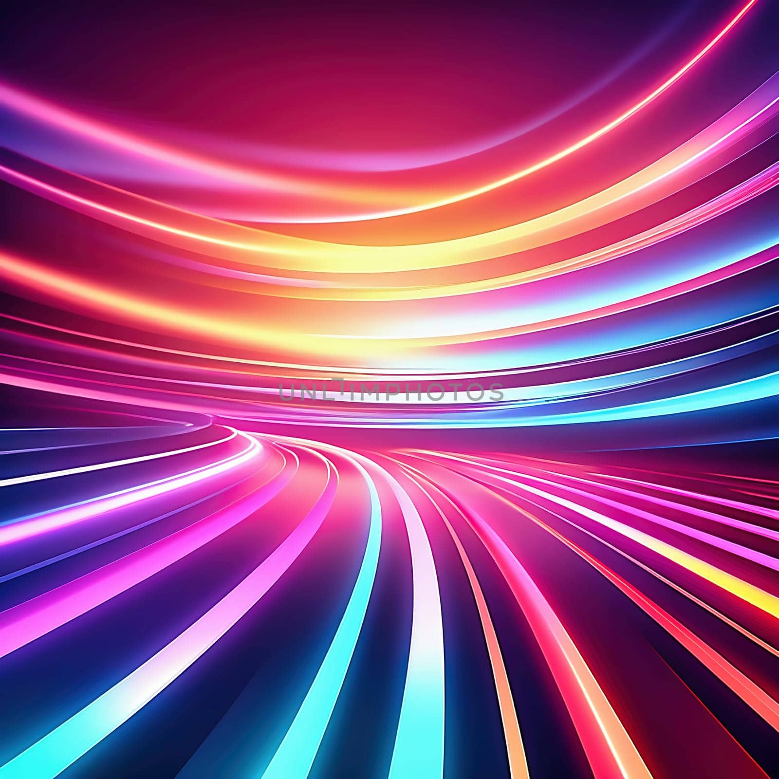 3d render. Abstract panoramic background of twisted dynamic neon lines, in wave form, glows in the dark space. Virtual fluorescent ribbon loop.