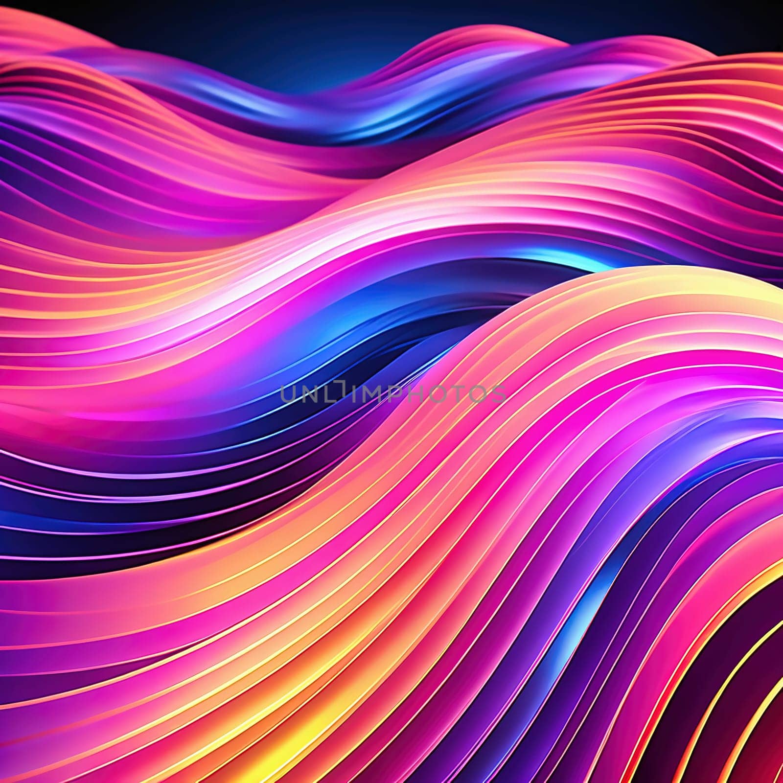 3d render. Abstract panoramic background of twisted dynamic neon lines, in wave form, glows in the dark space. Virtual fluorescent ribbon loop.