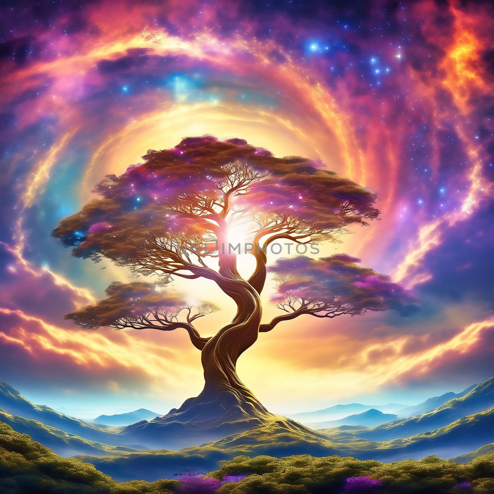 Fantasy tree in front of a starry sky with colorful clouds in the universe. AI generated image. Bright colors with old tree on a hill.