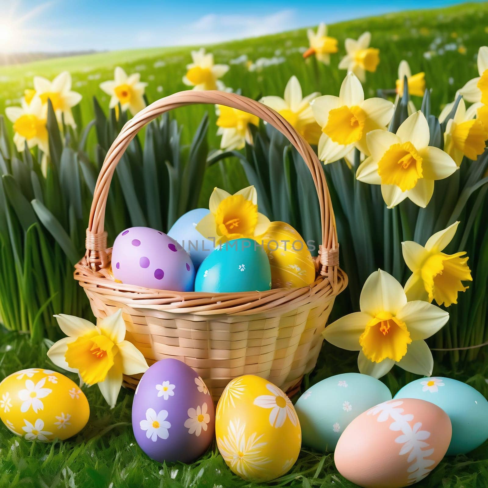 Easter basket with Easter eggs on a green meadow. Daffodils are blooming yellow. Easter generated with AI. Illustration