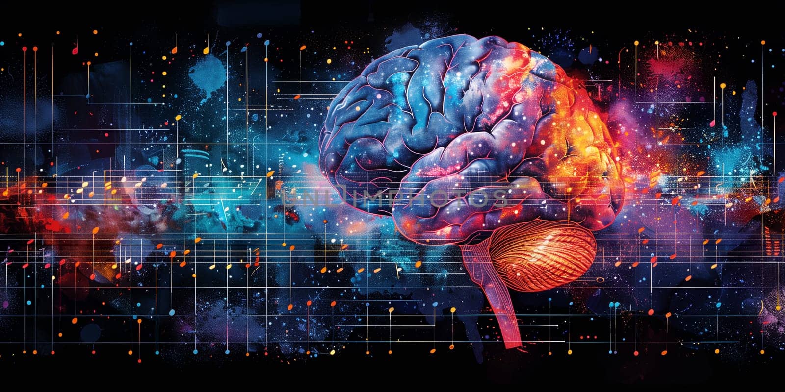 Human brain with vibrant colored waves and music notes, self care and mental health concept, positive thinking, creative mind