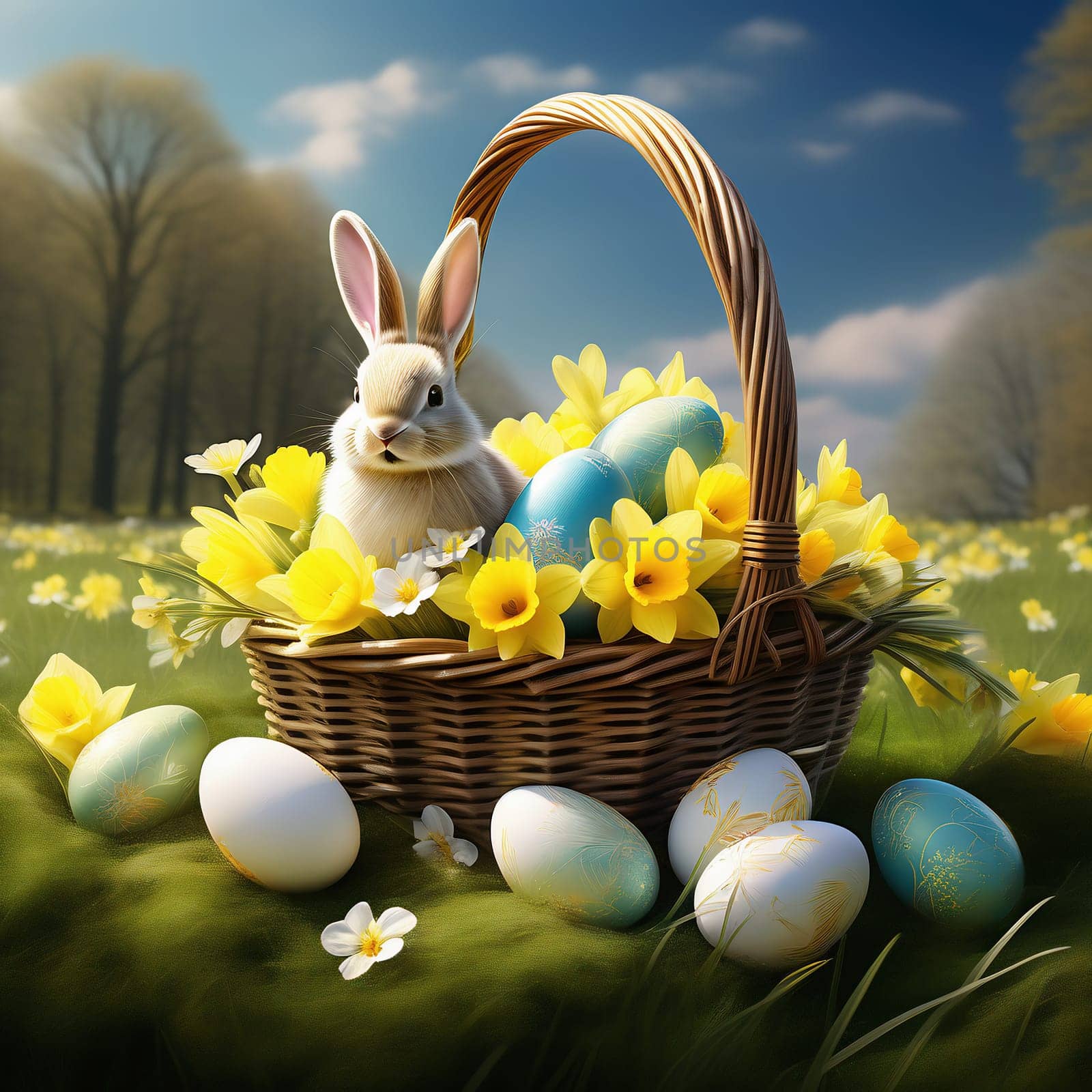 Easter bunny in an Easter basket with Easter eggs on a green meadow. Daffodils are blooming yellow. Easter generated with AI. Illustration