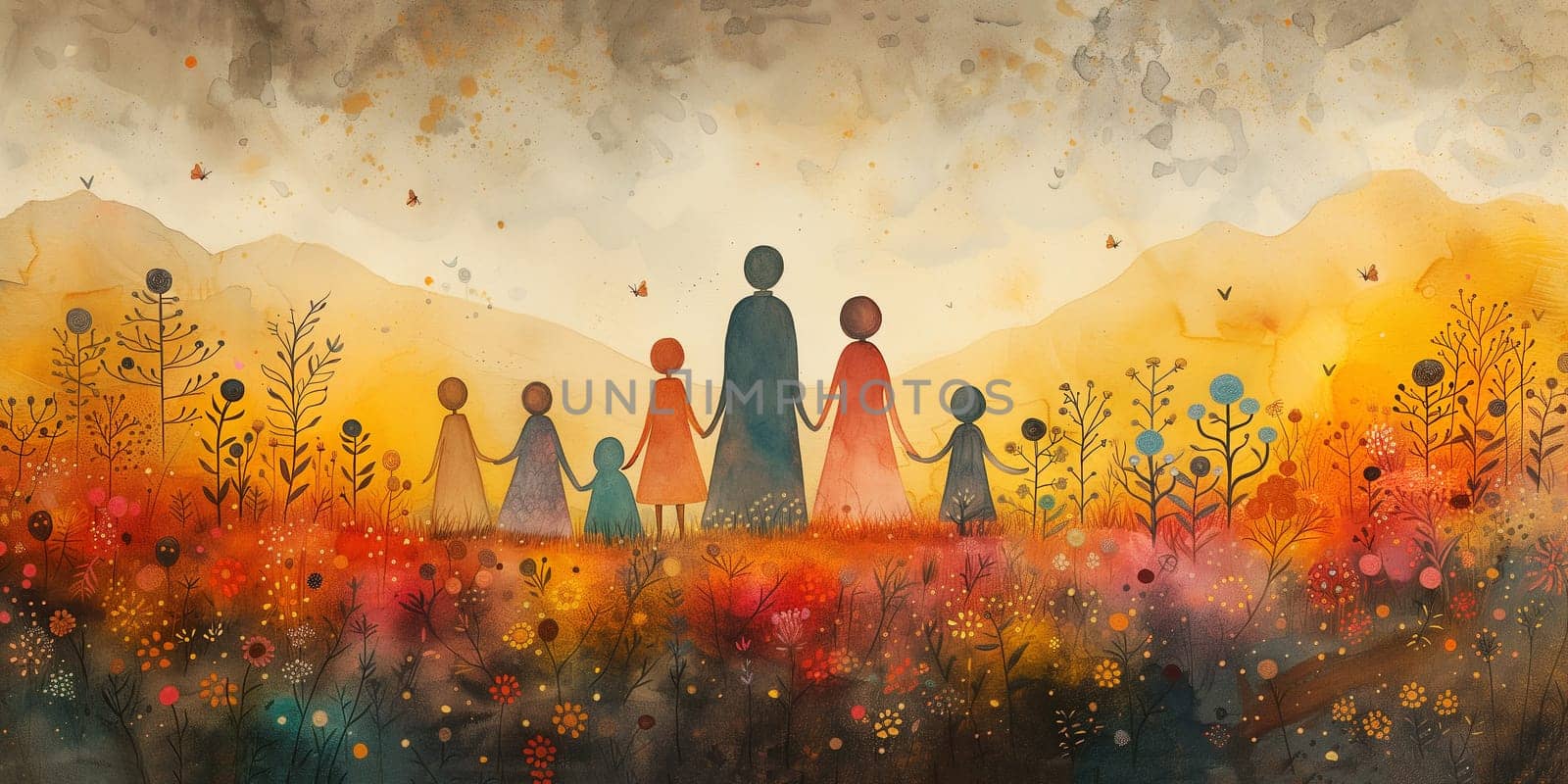 Family life, mother, father and children on a meadow with flowers, social support, mental health and lifestyle concept, parent day