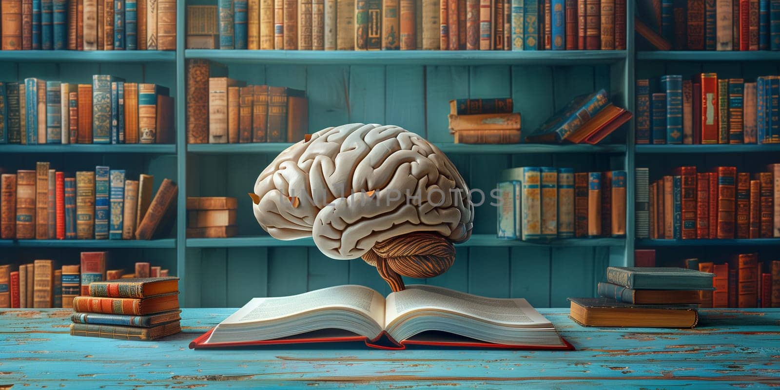 Book with human brain, education and science concept, learning new skills, have wisdom and knowledge, world book day