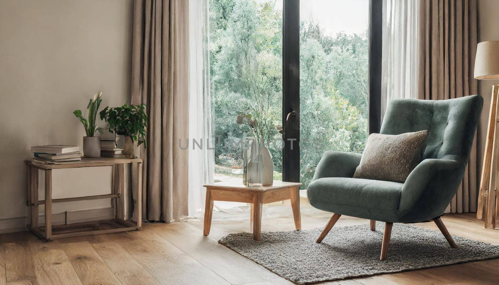 Modern interior japandi style design livingroom. Lighting and sunny scandinavian apartment