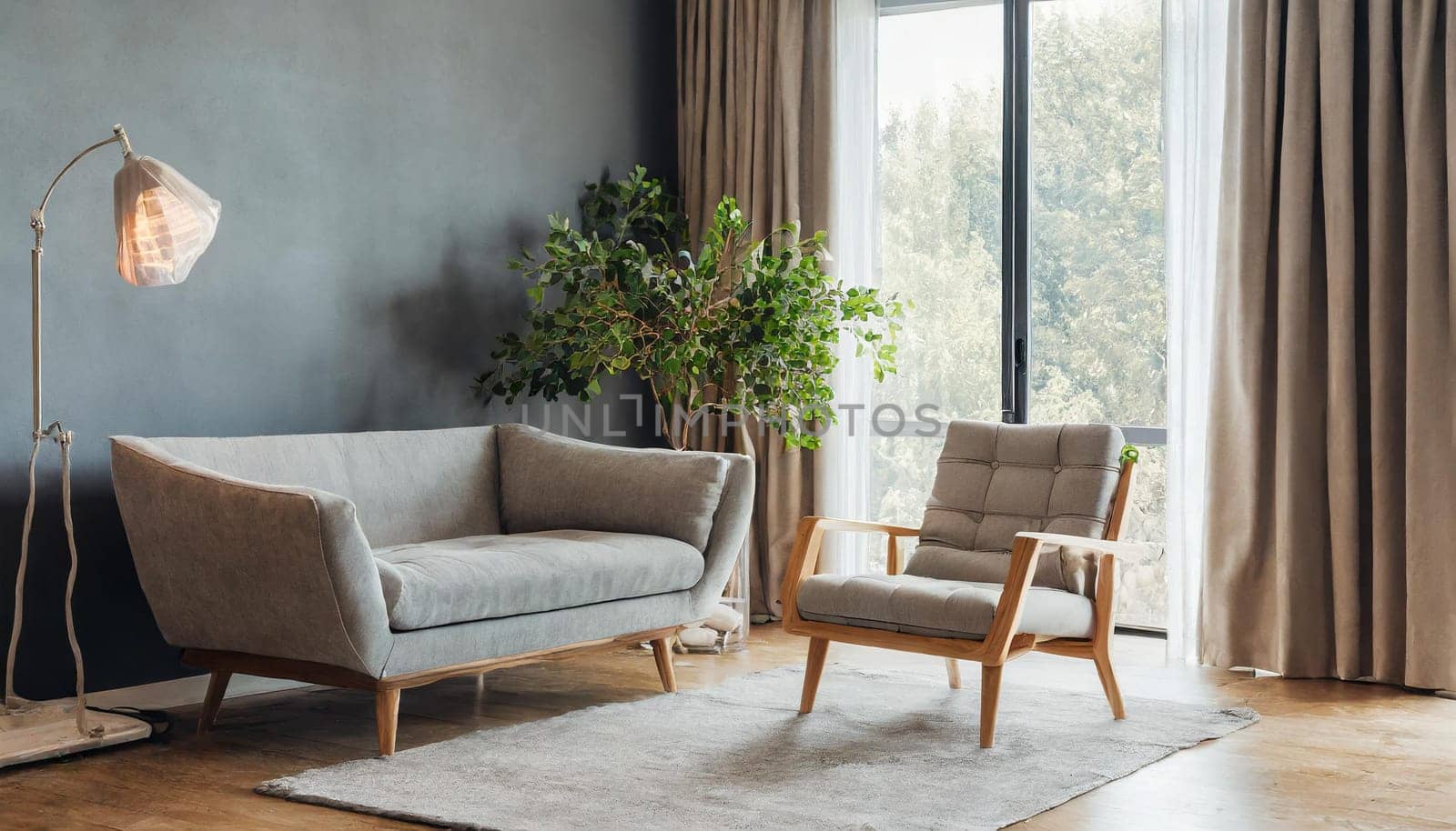Modern interior japandi style design livingroom. Lighting and sunny scandinavian apartment