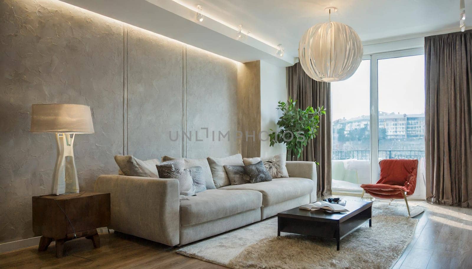 Modern interior japandi style design livingroom. Lighting and sunny scandinavian apartment