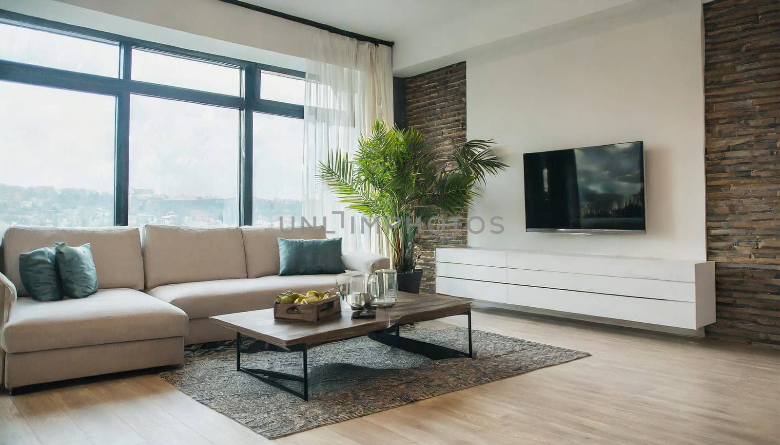 Modern interior japandi style design livingroom. Lighting and sunny scandinavian apartment