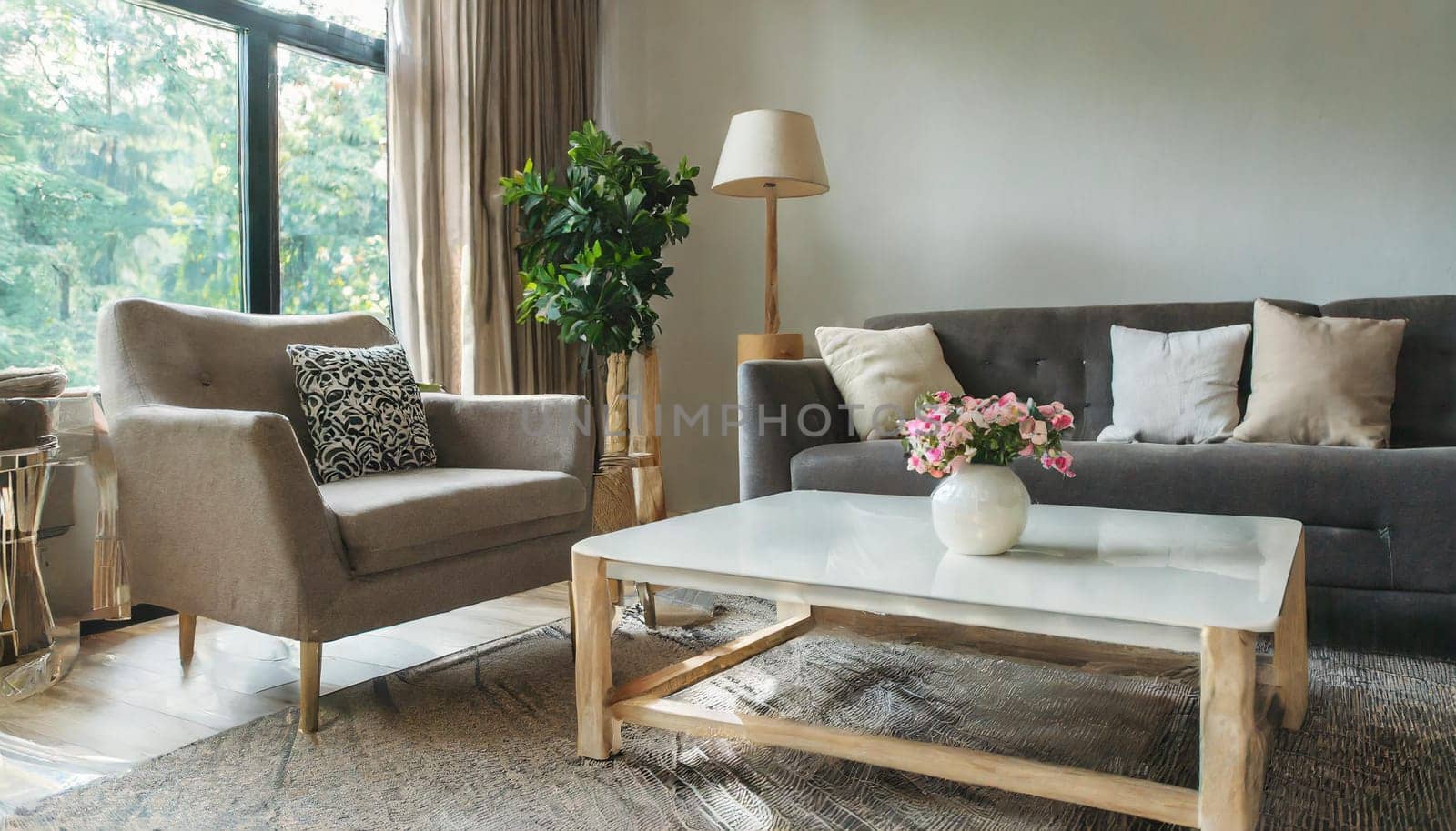 Modern interior japandi style design livingroom. Lighting and sunny scandinavian apartment
