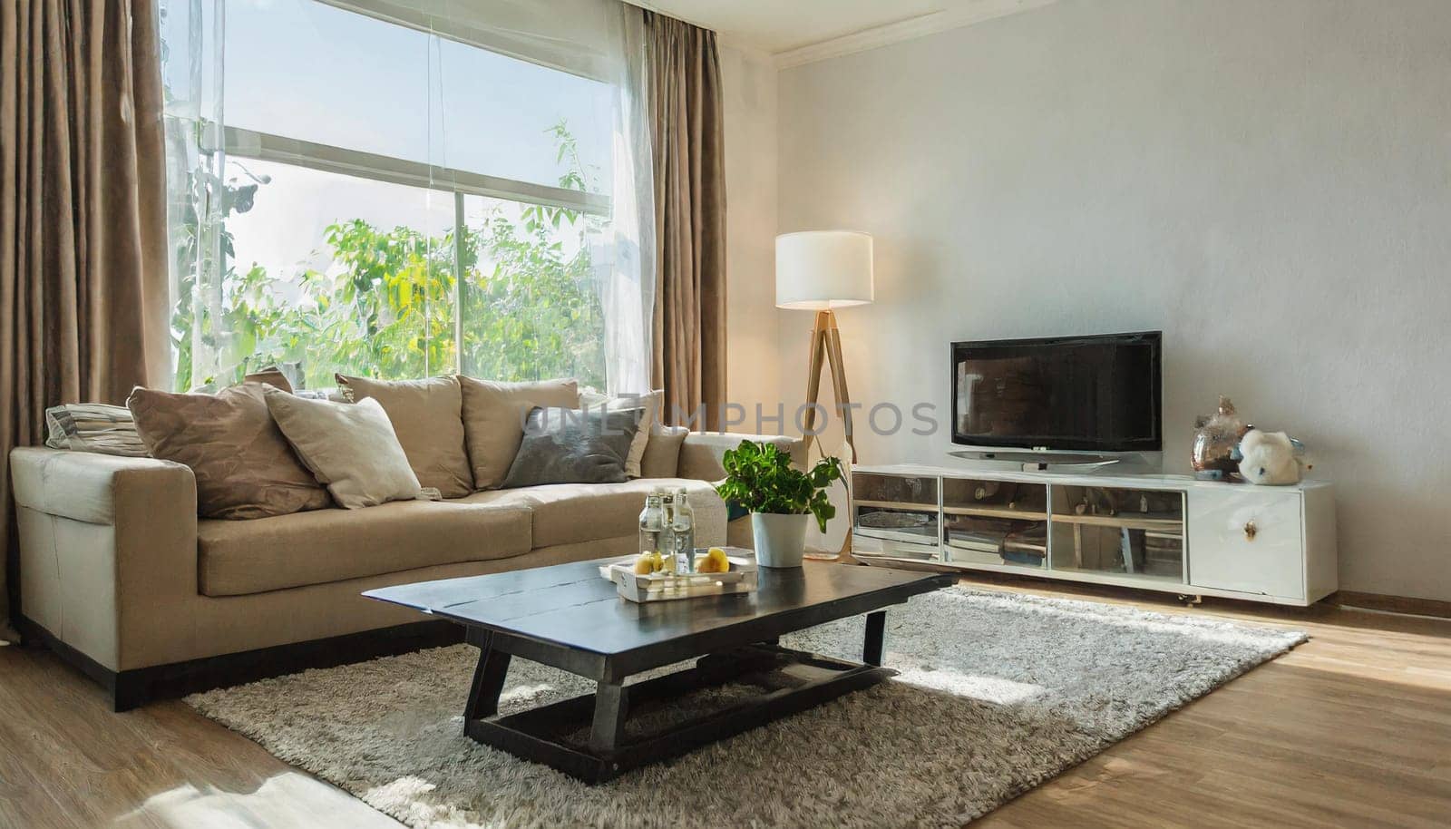 Modern interior japandi style design livingroom. Lighting and sunny scandinavian apartment