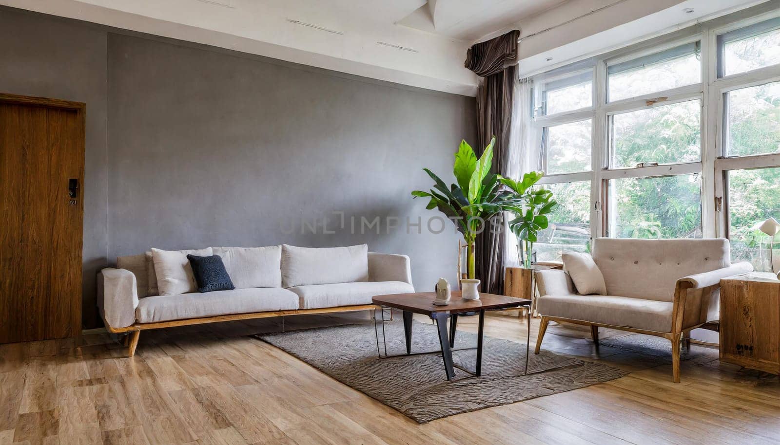 Modern mid century and minimalist interior of living room, empty room, 3d render