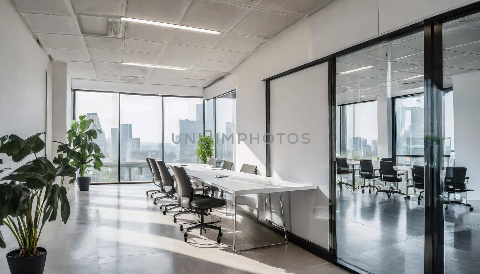 Modern minimal white office corridor or hallway interior with a large window though the meeting room