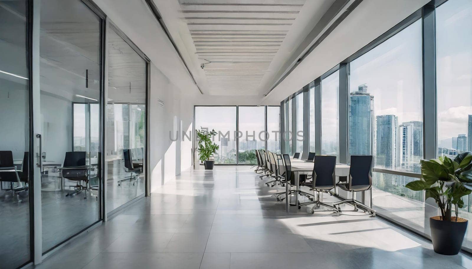 Modern minimal white office corridor or hallway interior with a large window though the meeting room