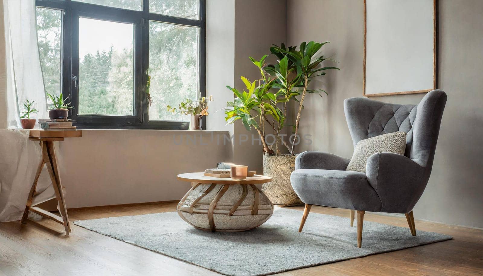 Modern interior japandi style design livingroom. Lighting and sunny scandinavian apartment