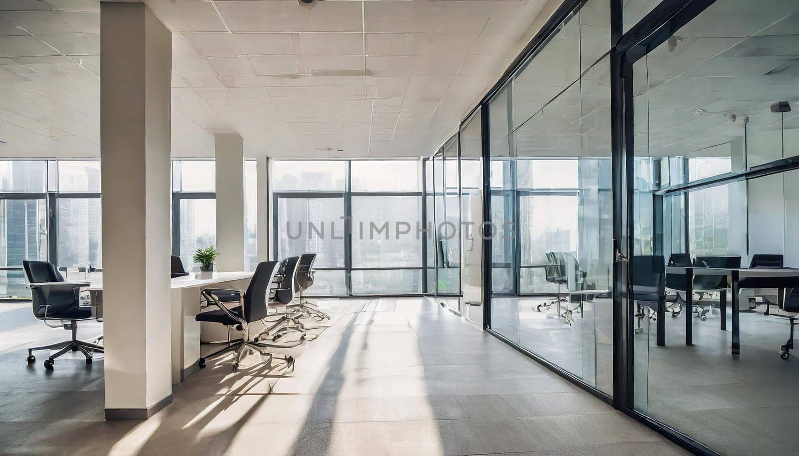 Modern minimal white office corridor or hallway interior with a large window though the meeting room