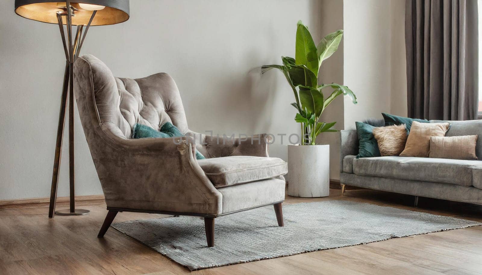 Modern interior japandi style design livingroom. Lighting and sunny scandinavian apartment