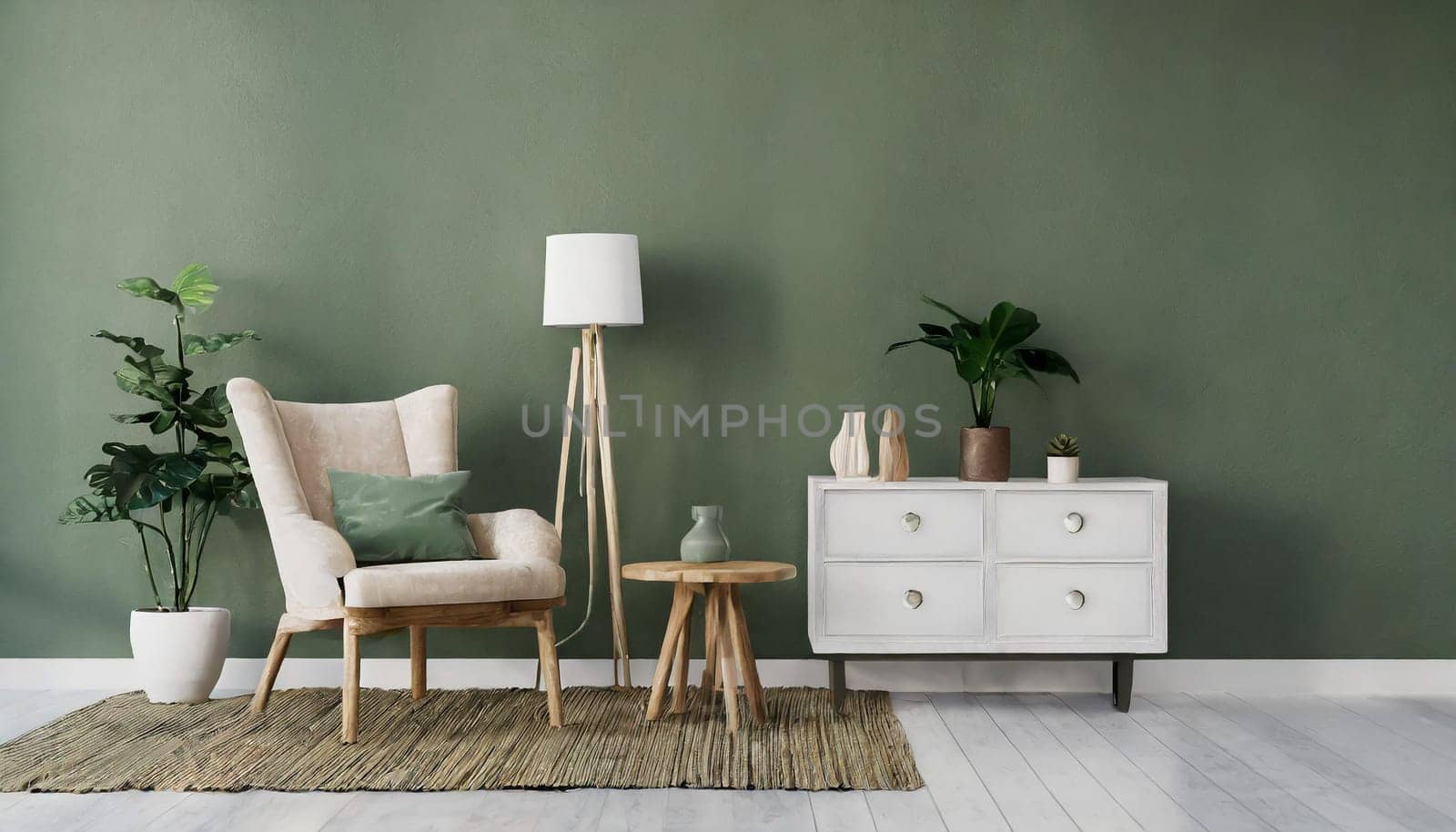 Modern scanidnavian interior mock up in green , 3d Rendering