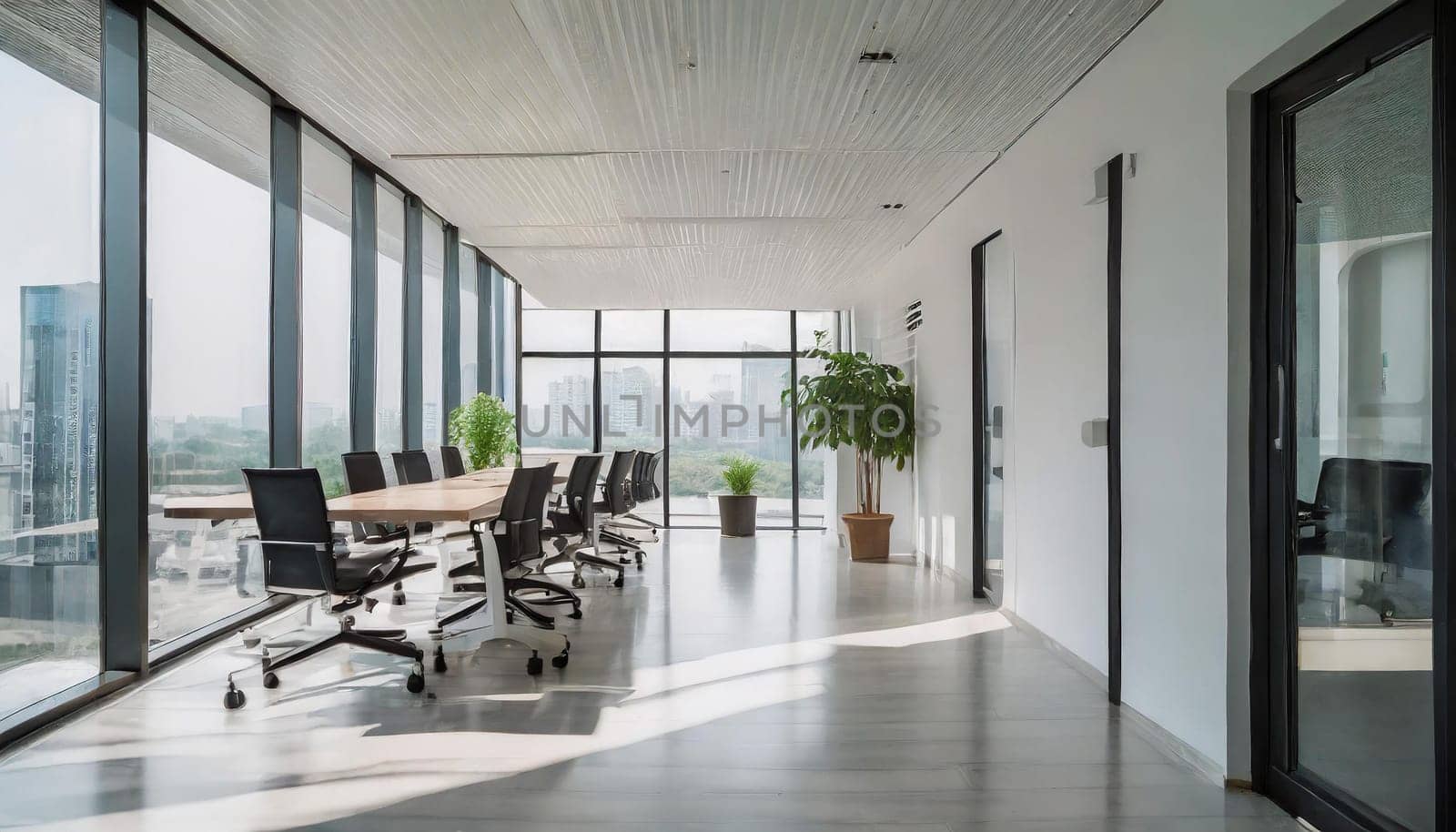 Modern minimal white office corridor or hallway interior with a large window though the meeting room