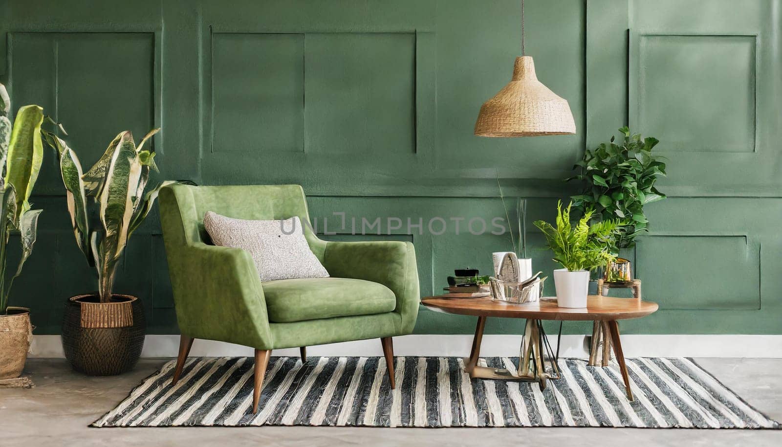 Modern scanidnavian interior mock up in green , 3d Rendering