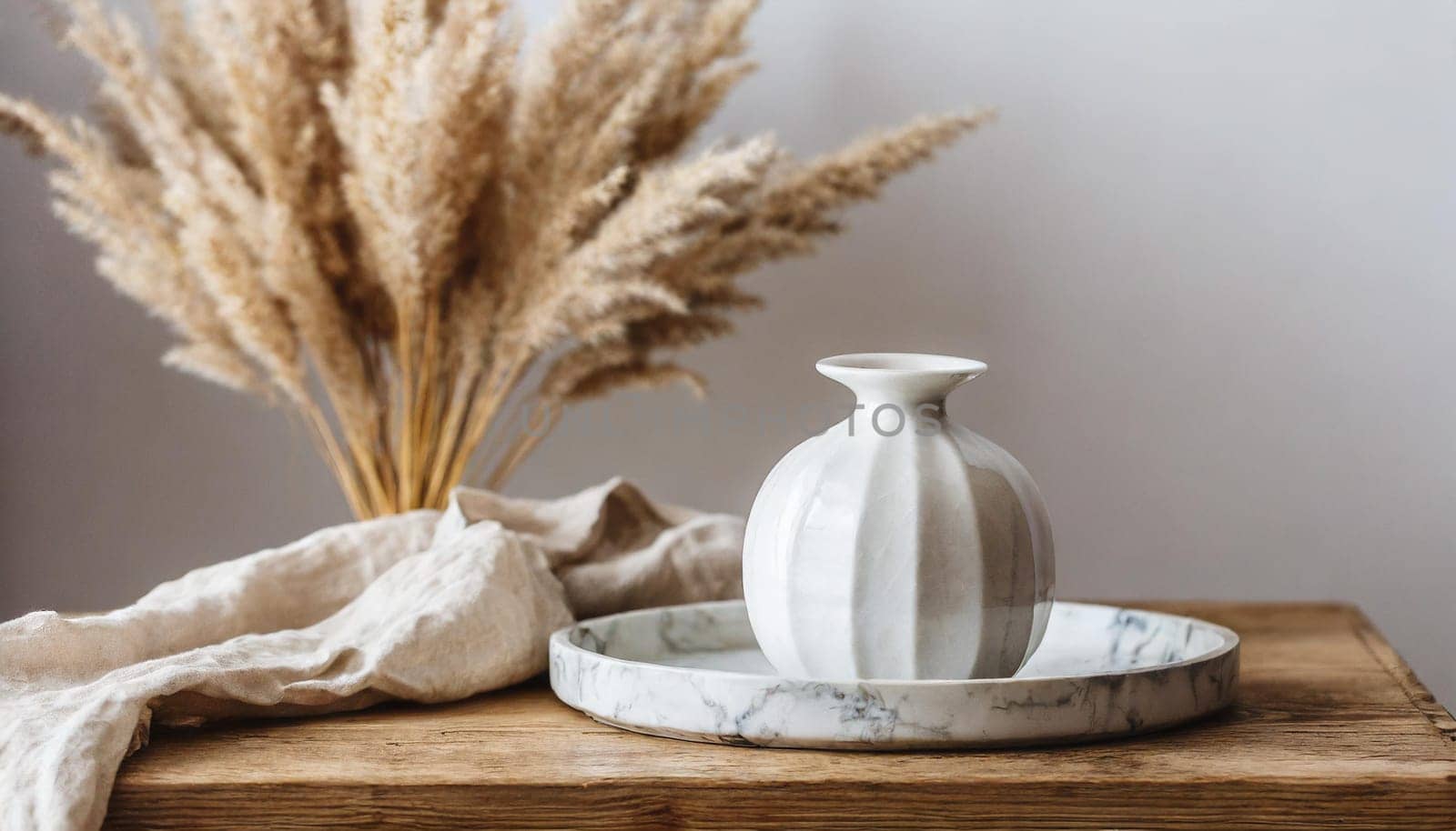 modern white ceramic vase with dry lagurus ovatus grass and marble tray on vintage wooden bench table blurred beige linen blanket in front scandinavian interior empty white wall copy space
