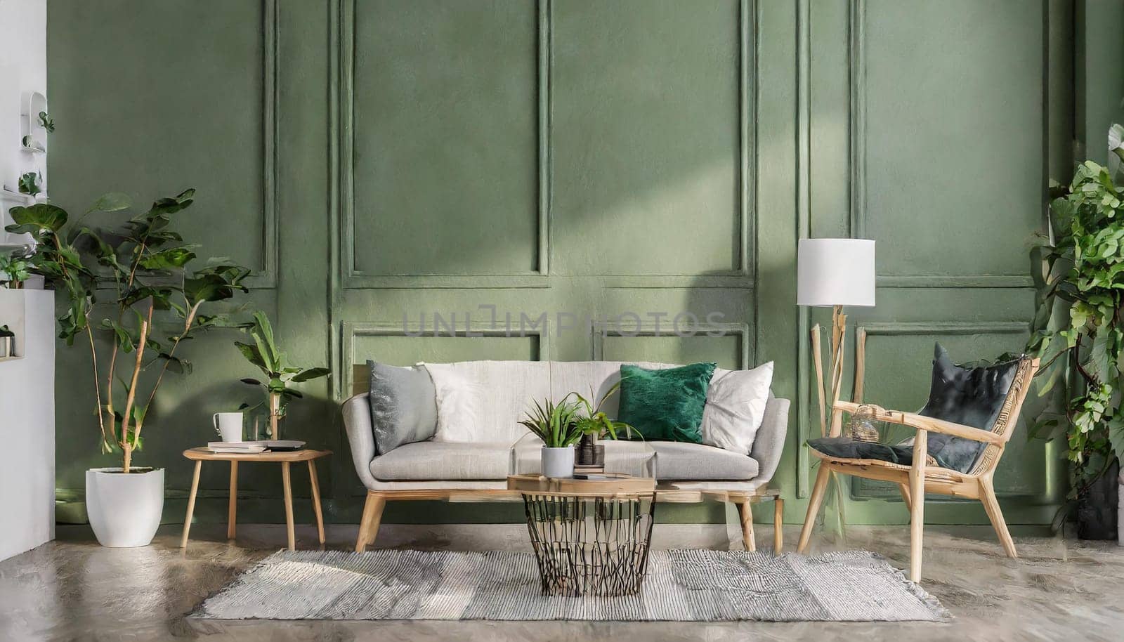 Modern scanidnavian interior mock up in green , 3d Rendering