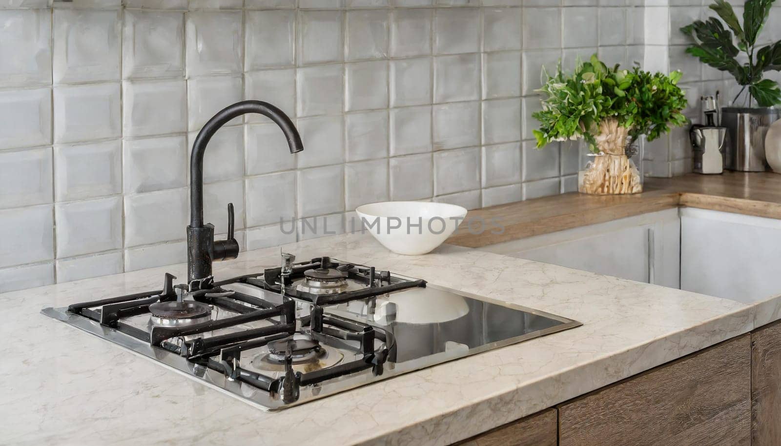 Contemporary kitchen with white countertop, gas stove, and sink.