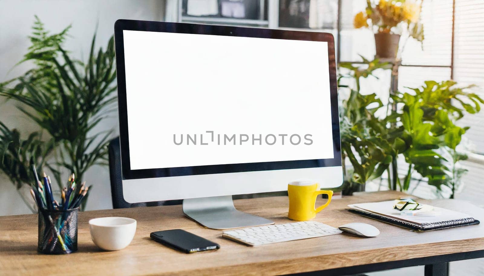 Modern personal computer with blank white screen, keyboard, mobile phone and office accessories on desk at workplace of graphic designer, blogger. Electronic devices, technology and creativity