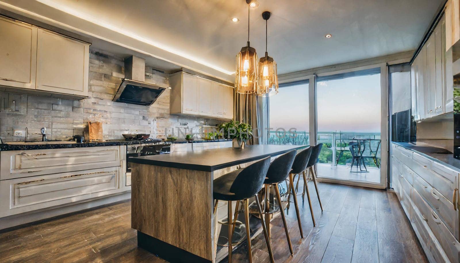 Cozy studio apartment with inviting interior featuring a comfortable brown sofa curtains and a cream colored kitchen with an island