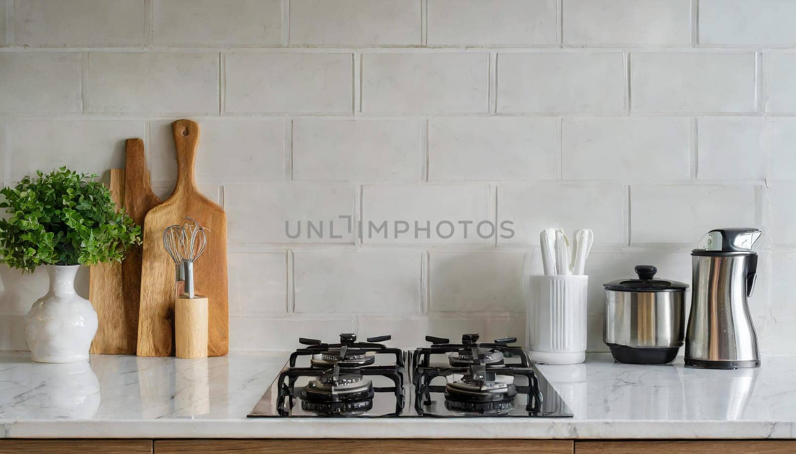 Contemporary kitchen with white countertop, gas stove, and sink.