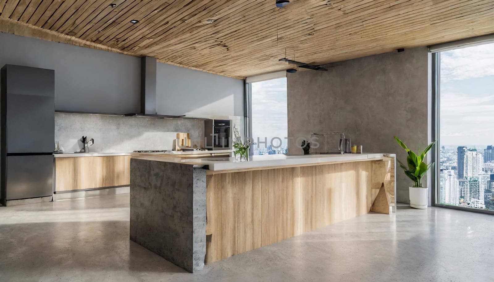 Luxurious white kitchen and living room in a big house,Modern wood and concrete kitchen interior with empty mock up place on wall, island, appliances and window with city view and daylight